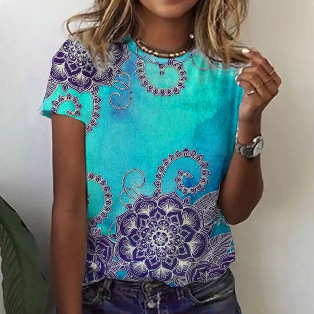 Hauts d'Été Grande Taille pour Femmes, T-Shirt Décontracté Ample à Imprimé Floral, Col Rond, Manches Courtes, Col en V, en Liquidation