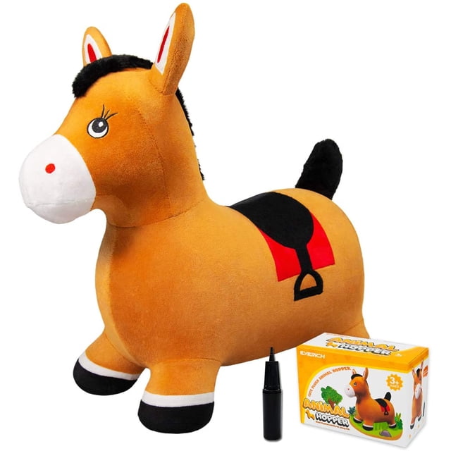 HHHC Bouncy Horse Hopper Plush Inflatable Bouncing Animal Hopper with Pump, featuring a brown horse design with red and white accents. Includes a pump and colorful packaging. Designed for toddlers aged 2 to 4 years, suitable for indoor and outdoor play. Ideal for building coordination, balance, and core strength during exercise.