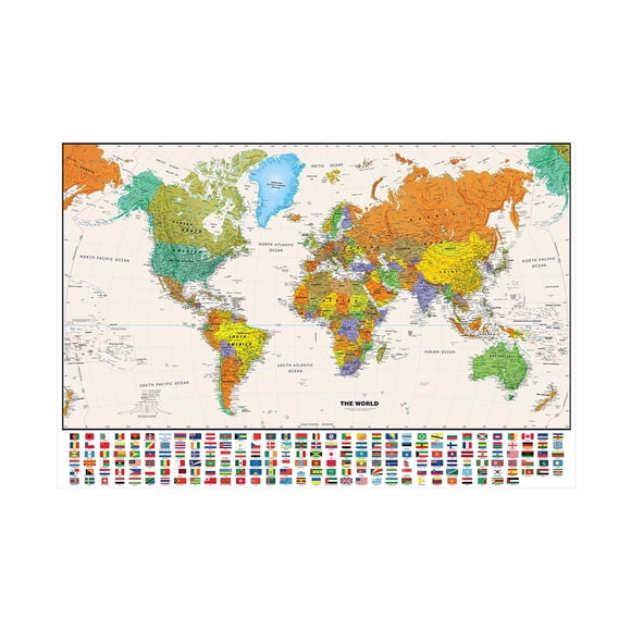 WCIC Affiche d'Art Vintage Carte du Monde 150*100 cm Impression avec Drapeaux de Pays Décoration Murale