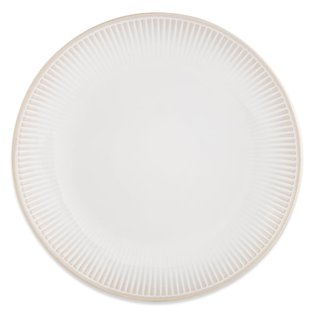 Better Homes & Gardens Sawyer Stoneware Cream Dinner Plate with a top-down view showing a round shape and subtle ribbed edge in soft cream stoneware, dishwasher and microwave safe, ideal for everyday dining and elegant meals, also suitable for serving pastas and entrees.