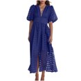 thumbnail image 1 of Mikilon Robes d'Été pour Femmes Ensemble Jupe Aguichant Robe à Carreaux à Manches Courtes Lanterne Aguichant à Col en V Profond Robes Gaine Mode Décontractée Taille Haute Unie Robe de Soirée avec Fente Bleu-A L, 1 of 7