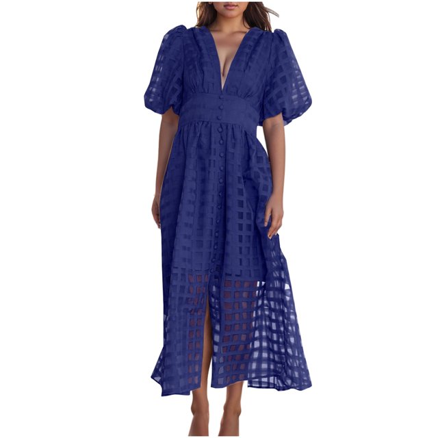 Mikilon Robes d'Été pour Femmes Ensemble Jupe Aguichant Robe à Carreaux à Manches Courtes Lanterne Aguichant à Col en V Profond Robes Gaine Mode Décontractée Taille Haute Unie Robe de Soirée avec Fente Bleu-A L