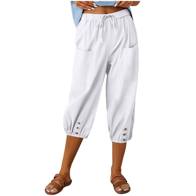 CHOK Ladies Capris with Pockets Cotton Linen Blend Drawstring Solid Womens Summer Pants in XL White. These lightweight, breathable capri trousers feature a loose, straight design with a drawstring waist for adjustable comfort. The pants include practical front pockets and a minimalist button detail at the bottom hem. Ideal for casual summer wear, they are styled for versatility and comfort.