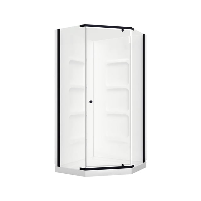 A&E Bath and Shower NEVADA-38-BLK-K Shower Kit with neo-round corner design, clear 6mm tempered glass sliding doors with magnetic seals, white acrylic walls with integrated shelving, and reinforced acrylic base with fiberglass for efficient bathroom storage.