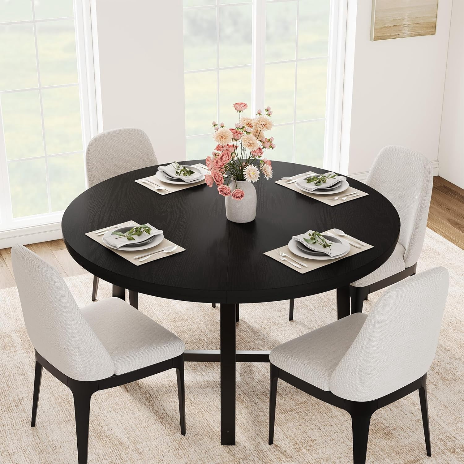 47 in Round Dining Table, Industrial Dinner Table for 4 to 6, Wooden Kitchen Table with Sturdy Metal Frame & Rustic Black Finish, Circle Kitchen Table for Dining Room, Kitchen （No Chairs）