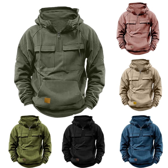 CFLVAEK Mens Tactical Cargo Hoodie Big and Tall Quarter Zip Up Hooded Sweatshirts Loose Fit Long Sleeve Outdoor Workout Sweatshirt with Pockets Black L