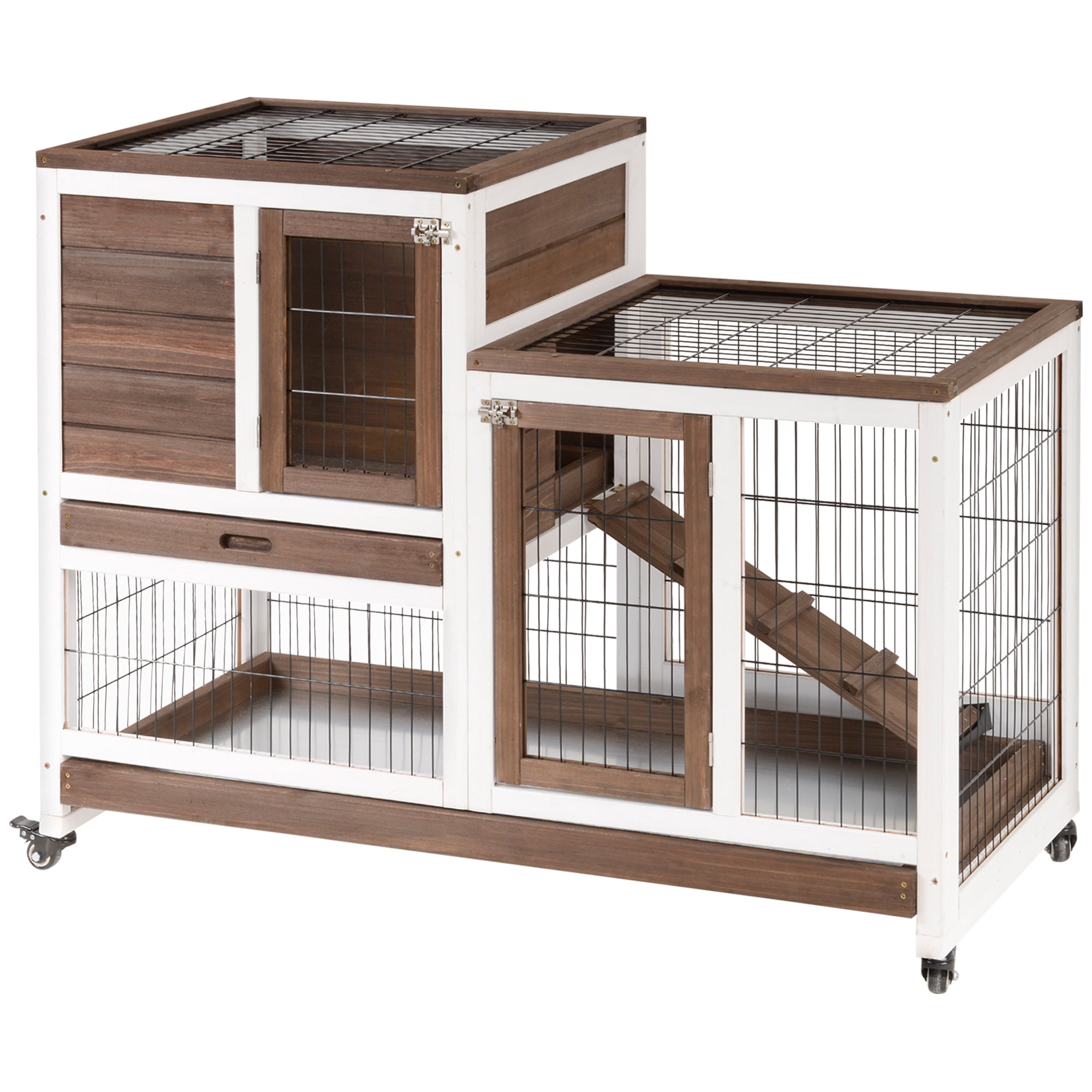 PawHut Rabbit Hutch, Indoor Bunny Cage with Wheels, Run, Tray, Brown