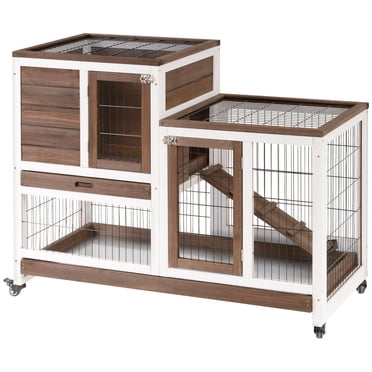 PawHut Rabbit Hutch, Indoor Bunny Cage with Wheels, Run, Tray, Brown