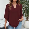 thumbnail image 1 of Jsaierl Women's Solid Color Notched V Neck 3/4 Long Sleeve Tops Classic Irregular Hem Shirts Flowy Comfortable Soft Blouses, 1 of 8