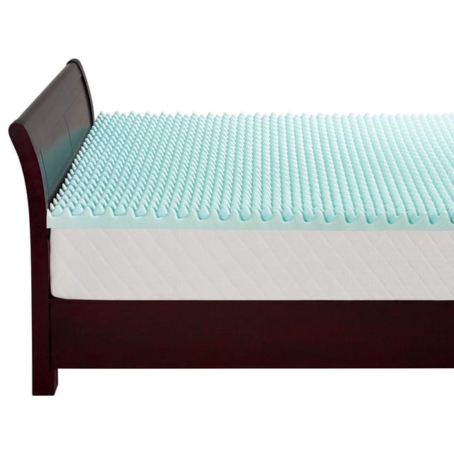 Dream Serenity 3-inch Gel Fusion Memory Foam Topper in light blue egg crate foam texture on a white mattress within a dark wood bed frame, providing reversible extra firm and plush comfort to improve support and extend mattress life, also suitable for enhancing bed comfort.