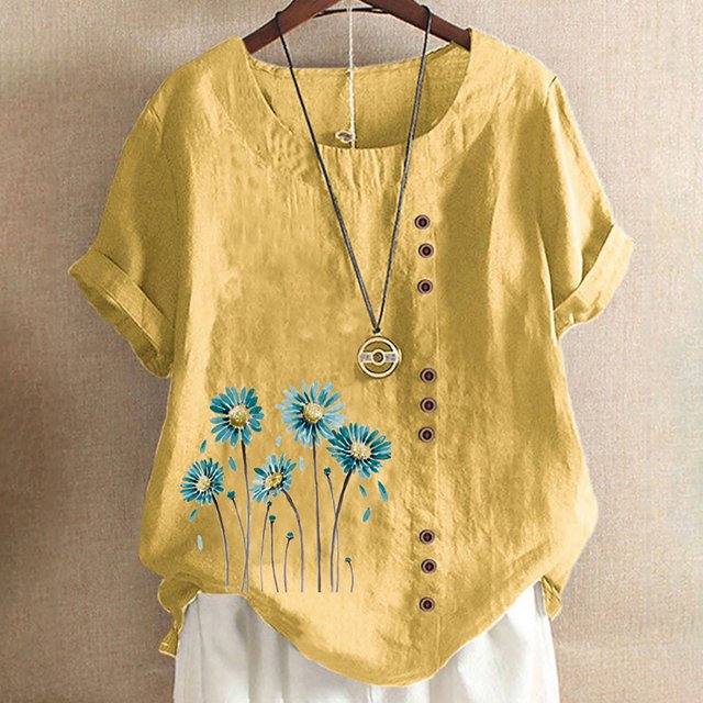 TopLLC Chemises Mexicaines pour Femmes Hauts Brodés Traditionnels Tunique Décontractée à Fleurs pour Femmes Col Rond Manches Courtes Chemises en Lin