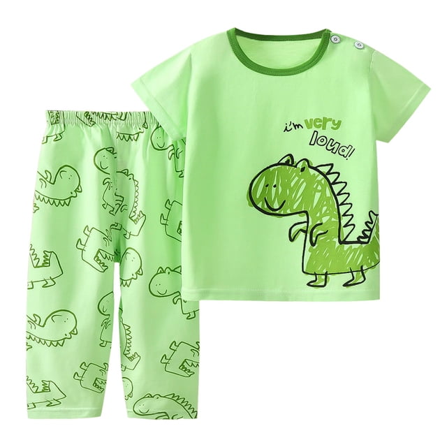 Pyjama Garçon Tout-Petit Enfants Garçons et Filles Été Ensemble de Pyjama en Coton Imprimé Dessin Animé T-Shirt à Manches Courtes avec Pantalon Ensembles de Pyjama Garçon R Vert 6 Ans-7 Ans