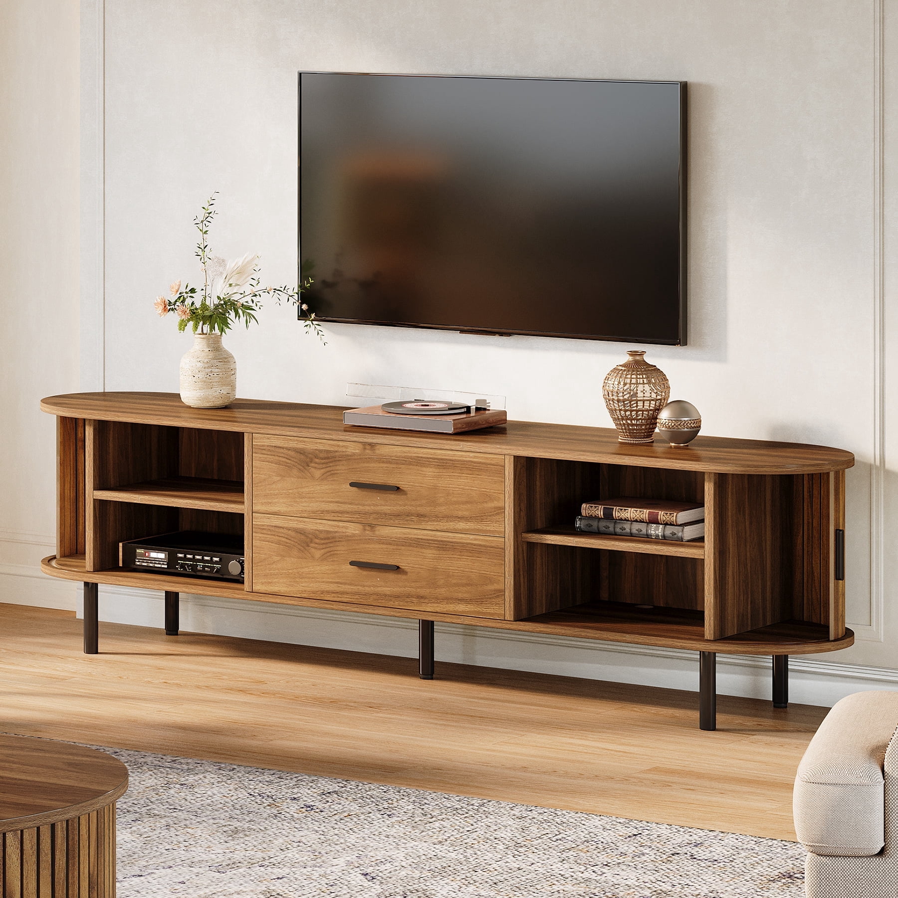Fnova 70.87" Modern TV Stand for 75" TV, Oval Wooden Media Console Cabinet with 2 Drawers, 4 Adjustable Shelves for Living Room, Entryway, Bedroom