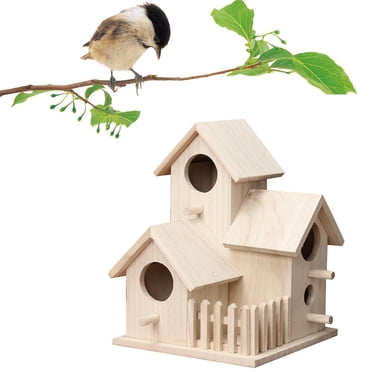 Openpig Bird Houses for Outside Outdoor 4 Hole Bird House Room Wooden Hanging Birdhouse for Bird Families Bluebird Finch Cardinals Nesting Box for Garden