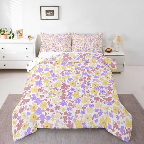 YST Kids Floral Bedding Yellow And Pink Floral Print Comforter Set Full Size For Girls Watercolor Flower Girls Bedding Comforter Sets Kawaii Flower Decorations Duvet Set 3 Pieces