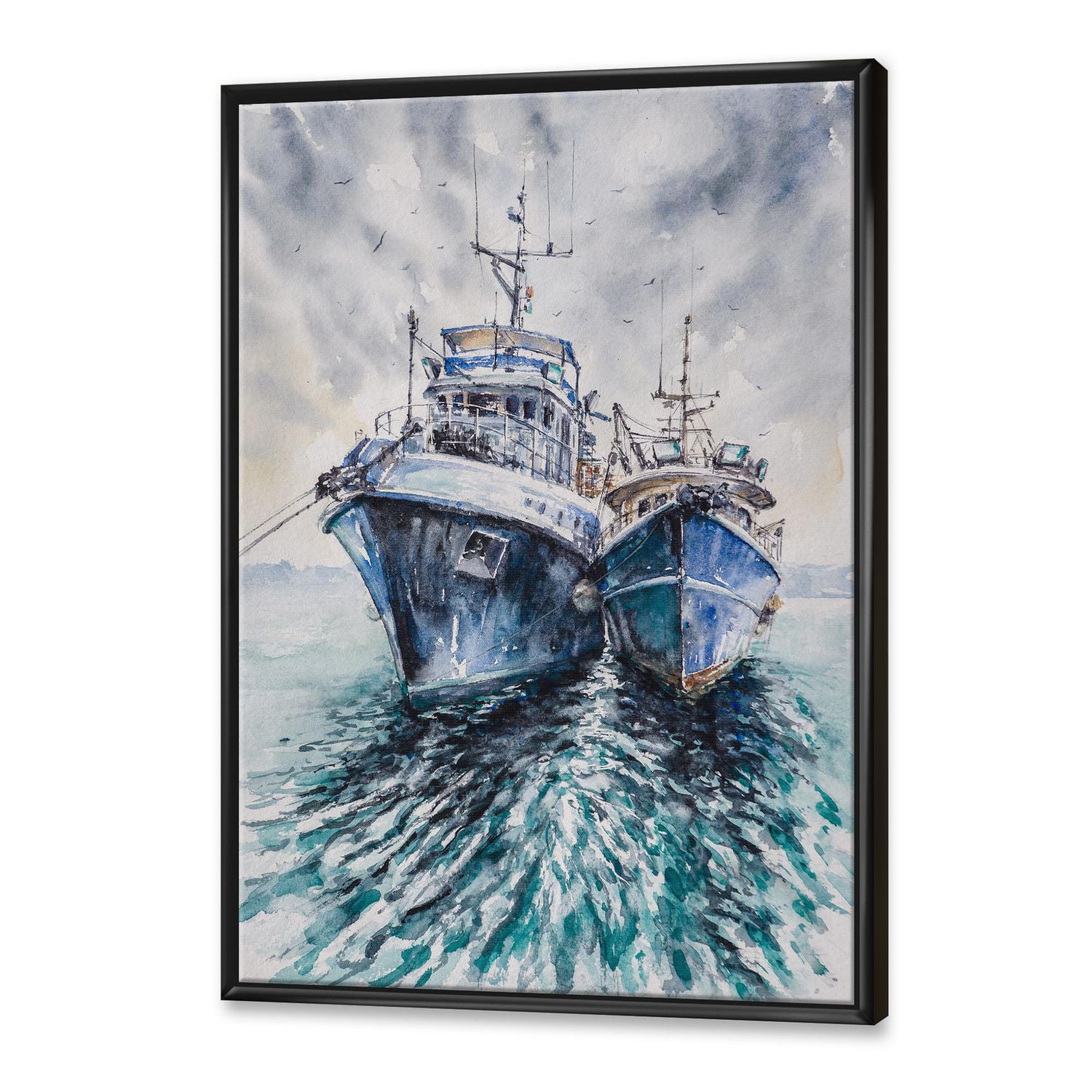 Designart Deux bateaux de pêche avant une tempête ancrés ART MURAL À CADRE FLOTT