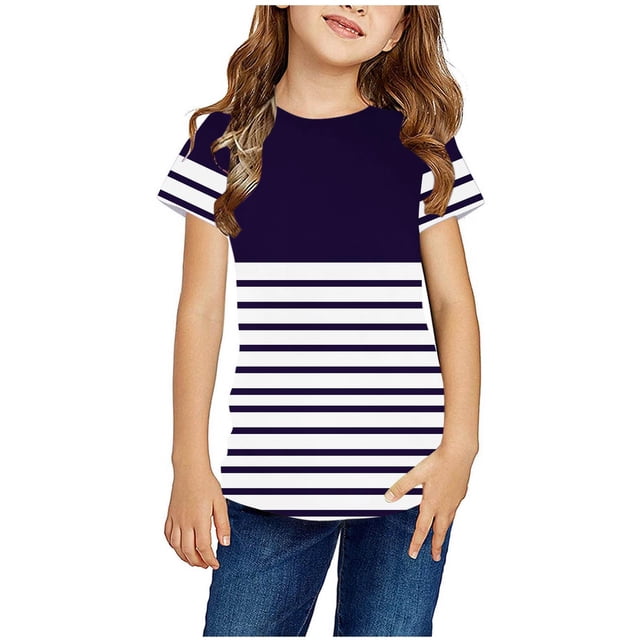Zwiiyzr T-Shirt Rayé 2025 pour Enfants Col Rond Manches Courtes pour Garçons Filles Violet-9-10 Ans