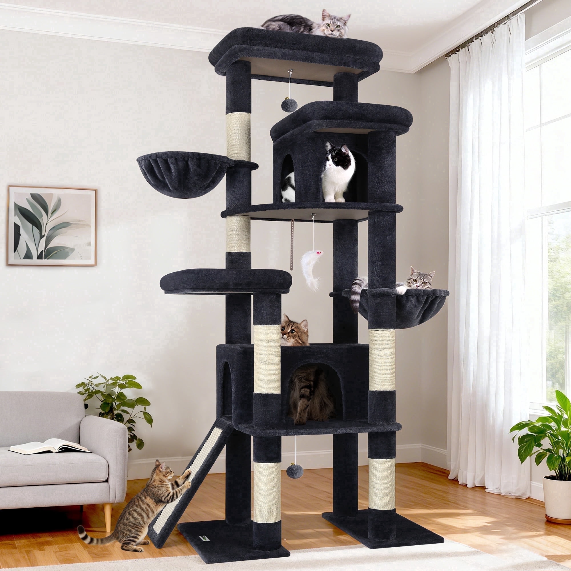 Globlazer 78" Multi-Level Large Cat Tree and Tower Condo for Indoor Cats with Sisal Scratching Posts, Condos, Hammock & Hammock, Dark Grey