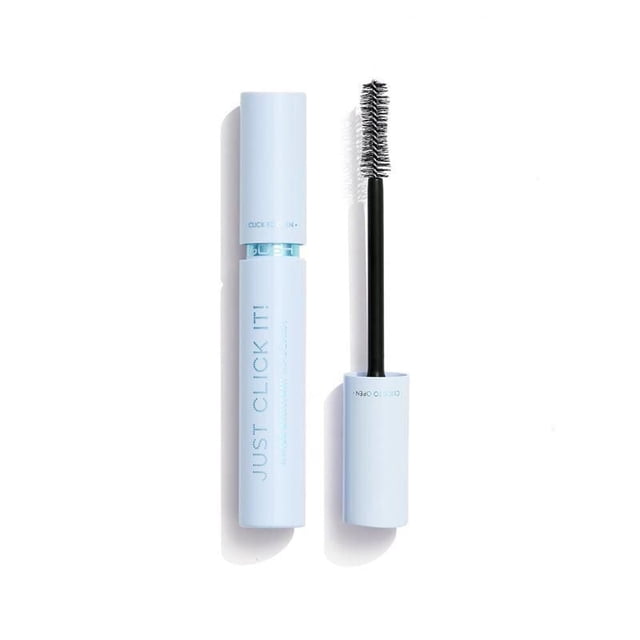 GOSH - Just Click It! Water Resistant Mascara in light blue tube with black bristle brush wand, designed to define, curl, and volumize lashes with a smudge-proof, water-resistant formula ideal for humid weather protection.