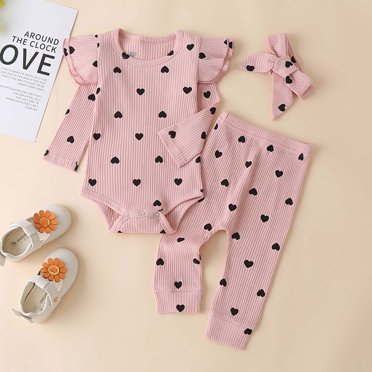 DPTALR Toddler Baby Kids Girls Heart Print Ruffle Romper Pants Headband Clothes Suit