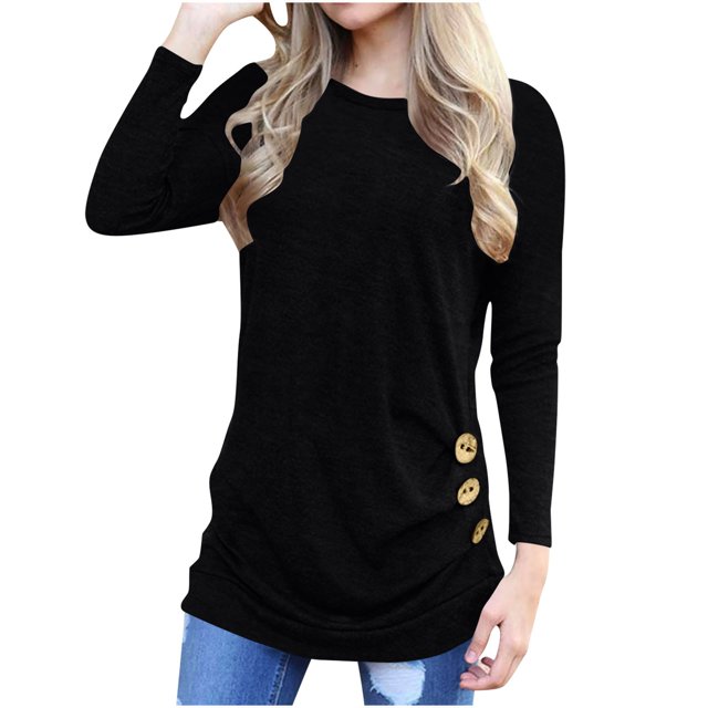 Timegard Hauts pour Femmes Col Ras du Cou Manches Longues Boutonné Couleur Unie Blouse Confortable Automne Chic Décontracté Tunique Hauts