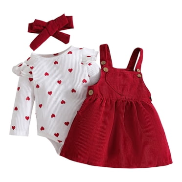 BLVB Newborn Baby Girl Valentine's Day Outfits Ruffle Long Sleeve Heart Print Ribbed Romper Corduroy Suspender Skirt Overall Dress with Headband Fall Clothes