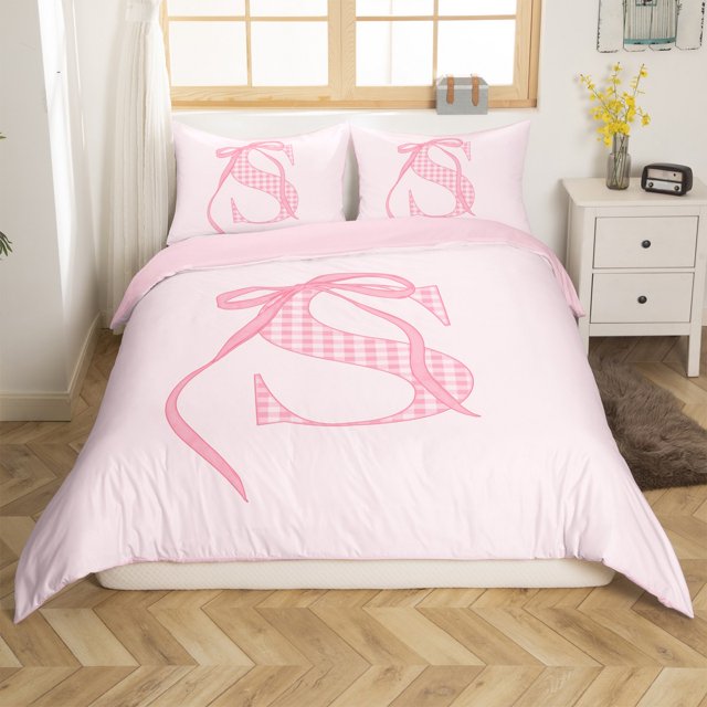 Erosebridal Housse de Couette Monogrammée pour Ados Très Grand, Ensembles de Literie Lettre Initiale S Format Très Grand, Déco Nœud Rose, Réversible