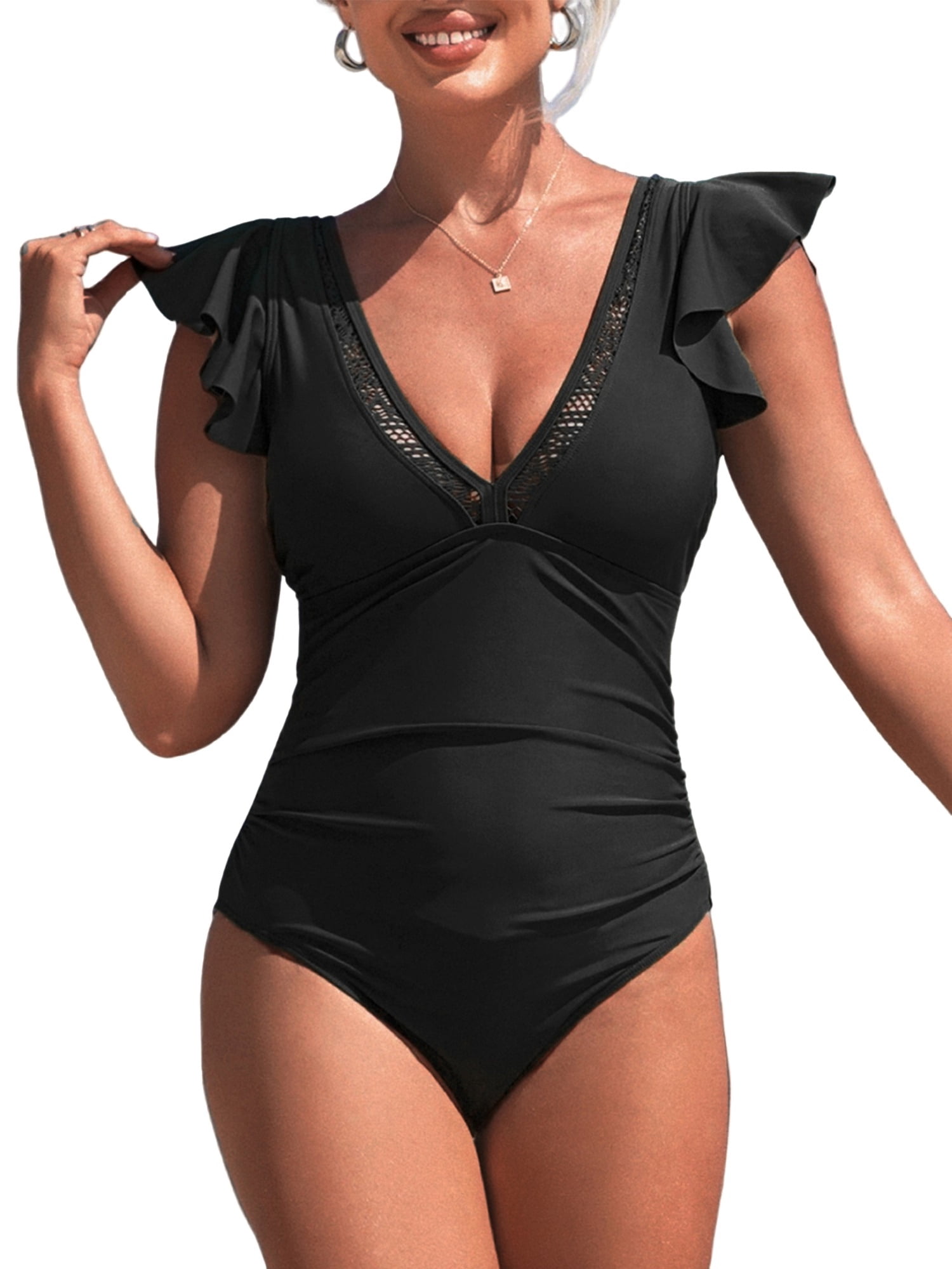 Charmo Ruffled Sleeve One Piece Monikini Swiwear for Womens V Neck Swimsuit Backless Bath Suit