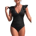 thumbnail image 1 of Charmo Ruffled Sleeve One Piece Monikini Swiwear for Womens V Neck Swimsuit Backless Bath Suit, 1 of 5