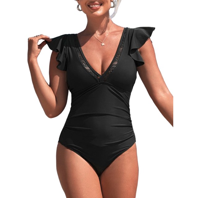 Charmo Ruffled Sleeve One Piece Monikini Swiwear for Womens V Neck Swimsuit Backless Bath Suit