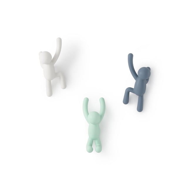 Umbra Buddy Ensemble de Trois Crochets Muraux pour Figurines Grimpantes en Blanc, Bleu et Vert Menthe, Servant de Crochets Polyvalents pour Manteaux et d'Organisateurs de Vêtements Qui Ajoutent une Déco Murale Ludique aux Entrées, Chambres Ou Bureaux, Convient Aussi pour Accrocher des Accessoires.