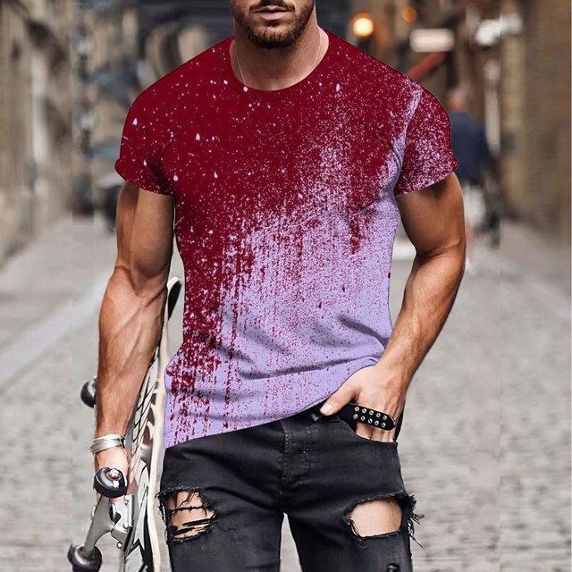 Qertyioot Hommes Imprimer Manches Courtes Col Rond T-shirt Casual Mode Manches Courtes Dégagement