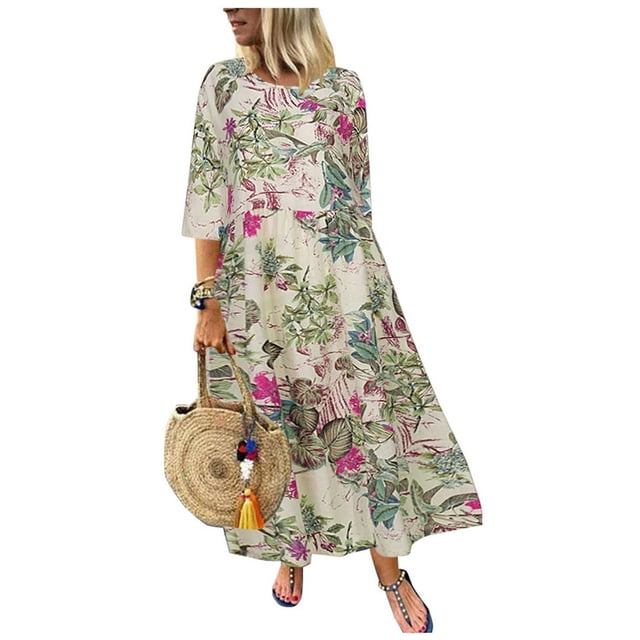 Robe Longue Maxi Boho Décontractée en Coton et Lin à Manches 3/11 à Fleurs pour Femmes