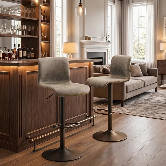 Bar Stools Set of 2, Height Adjustable Swivel Barstools, Bar Chairs with Backs & Metal Footrest for Home Kitchen, Barstools for Kitchen Dining Reception, PU Leather, Gray