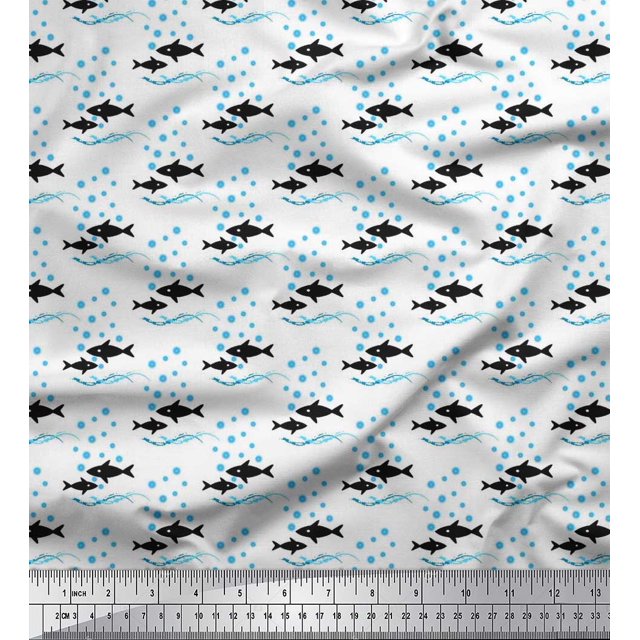 Soimoi Poly Georgette Fabric Waves,Bubbles & Fish Ocean Fabric Prints By Yard 42 Inch Wide