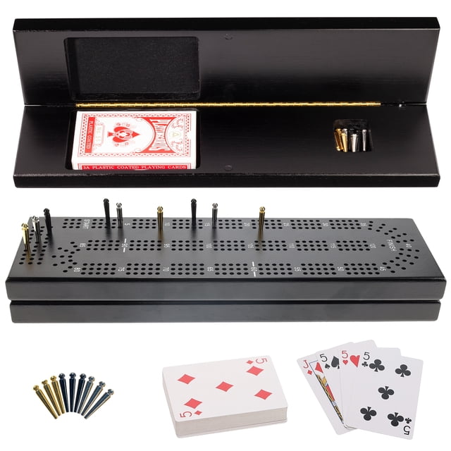 WE Games Cabinet Cribbage Set, Solid Wood 3 Track Board, Pegs & Cards