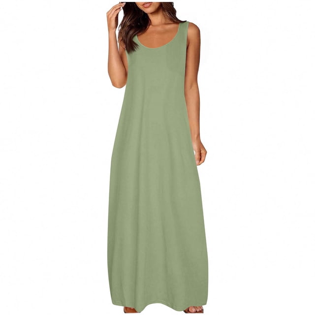 LOVZFMLL Robes pour Femmes Col Rond Uni Manches Courtes/sans Manches Robes Débardeur d'Été Décontractées Amples Plage Maxi Robes Soleil Vert Armée A TTG