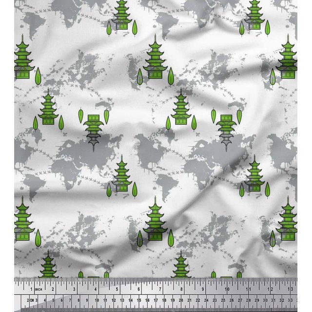 Soimoi Green Rayon Crepe Fabric Tree & World Map Fabric Prints By Yard 46 Inch Wide