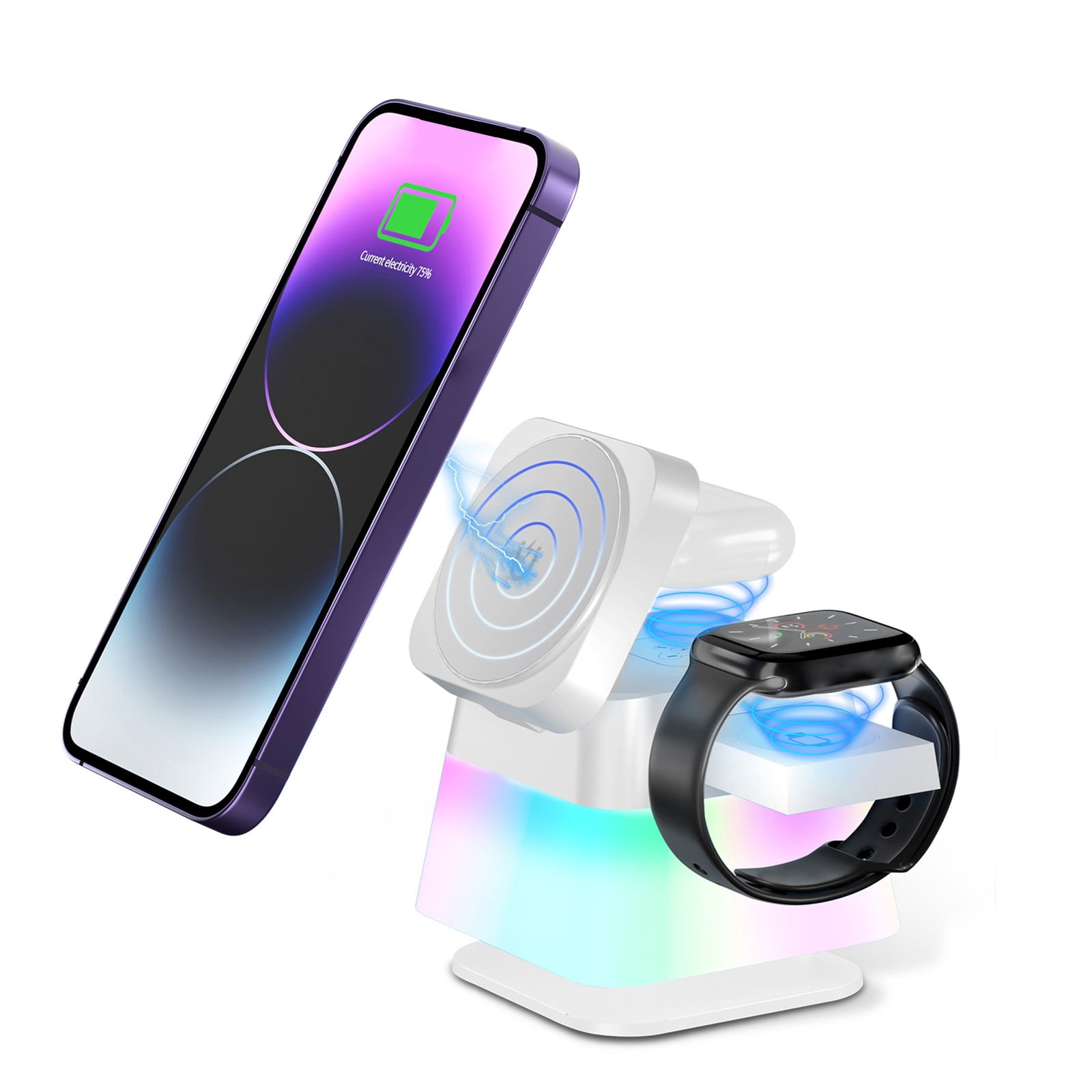 COFEST 4-in-1 Rotatable Foldable Wireless Charger with Magnet Adsorption, 15W Fast Charging, and Three Lighting Modes for Multi-device Use White