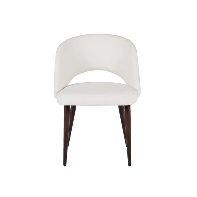 Take Me Home Executive Armless Dining Chair with white PU leather upholstery and dark walnut tapered legs, featuring a curved backrest and sturdy frame ideal for kitchen and dining seating in modern spaces.
