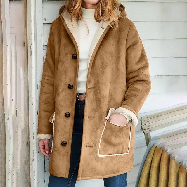 LOVZFMLL Jackets for Women Winter Warm Composite Button Hooded Jacket Outwear Solid Color Coat