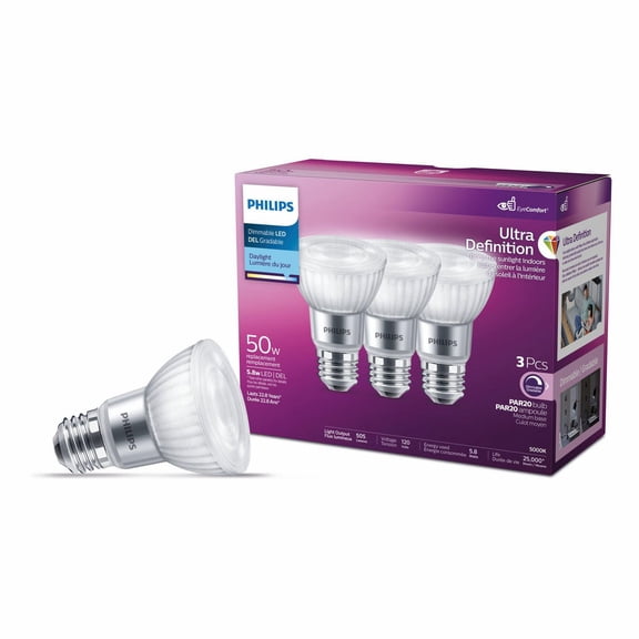 PHILIPS 5.5W 50W PAR20 Medium Base Ultra High Definition Daylight Dimmable LED Light Bulbs - 3 Pack