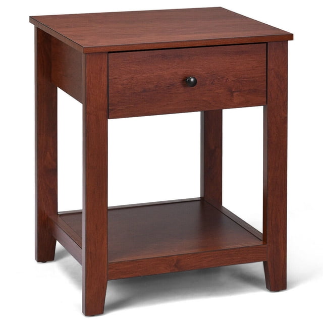 Costway Table de Chevet Table d'Extrémité Table d'Appoint Table d'Accent de Chevet avec Tiroir et Tablette de Rangement. Cette Table de Nuit en Bois Présente une Finition Brun Riche, un Seul Tiroir avec un Bouton Noir, et une Tablette Inférieure Ouverte pour un Rangement Supplémentaire. Fabriquée en Panneau de Particules durable avec une surface en PU Lisse, Elle Est Anti-Saleté et Résistante aux Rayures. La Conception Compacte Est Idéale pour les Chambres, les Salons Ou les Dortoirs, Offrant une solution de Rangement Polyvalente et Élégante.