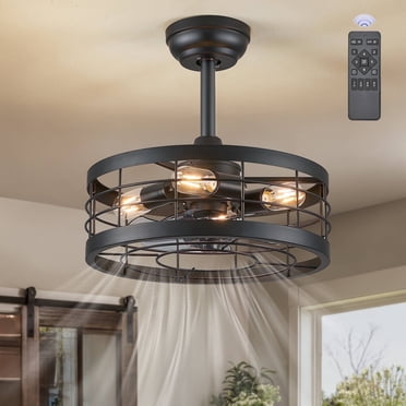 Zardon 16.5 inch Caged Ceiling Fan with Light and Remote Control, Black Farmhouse Ceiling Fans for Kitchen, Bedroom, Indoor, 6 Speed, Quiet, Timing