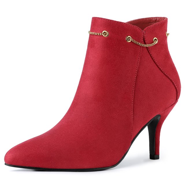 Unique Bargains Bottines à Talon Aiguille pour Femme à Bout Pointu avec Fermeture Éclair en Rouge, Taille 10. Ces Bottines à Talon Aiguille Présentent un Bout Pointu, une Fermeture Éclair Latérale et un Talon Aiguille de 3 1/8 Po. Fabriquées avec une Empeigne en faux Suède, une Semelle Extérieure en Caoutchouc et un Talon ABS. La Hauteur de la Tige Est de 4 1/8 Po. Conçues pour des occasions comme les Fêtes, les Rendez-Vous Ou les Événements Festifs, Ces Bottines Ajoutent une Touche Rétro Chic à des Tenues comme des jeans Moulants Ou des Jupes Mi-Longues