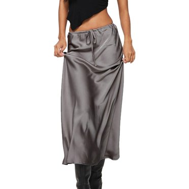 Fgnfyis Jupe Longue Satinée Maxi Femme Couleur Unie Taille Haute à Cordon Jupe Longue Femme Jupes Gris_003 m