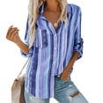 thumbnail image 3 of Cameland Blouses Mode pour Femmes Col en V Rayé Manches Retroussables avec Poche Chemise Ample, 3 of 6