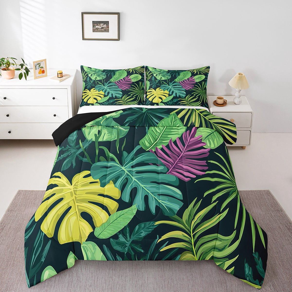 Erosebridal Botanical Palm Tree Bedding Sets Queen with Comforter, Tropical Leaves Duvet Insert, Reversible 3pcs
