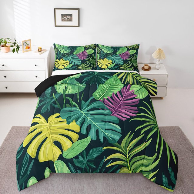 Erosebridal Botanical Palm Tree Bedding Full Comforter Set, Tropical Leaves Down Comforter, Reversible 3pcs