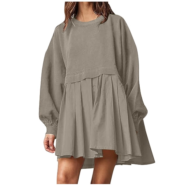 Pisexur Robe Chandail Surdimensionnée pour Femmes, Col Rond, Manches Longues, Patchwork, Robe d'Automne, Chandail à Enfiler, Hauts Amples et Fluides, Robe Chandail, Mini-Robe